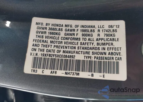 2012 Honda Civic Lx from USA, damaged, VIN 19XFB2F5XCE084892